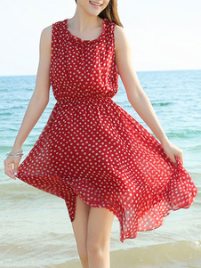 Robe d'été rouge multicolore fleurie à fines bretelles