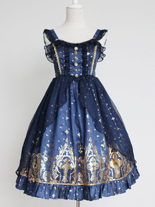 Robe lolita synthétique bleu foncée impression