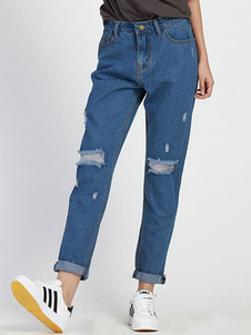 Jean féminin coupe droite en denim bleu à taille naturelle