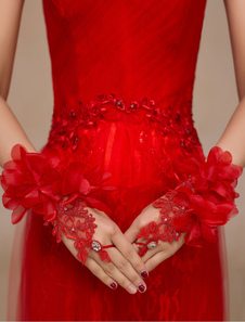 Gants Mitaines en dentelle rouge de mariage Longueur de poignet