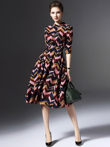 Robe skater bohémien multicolore avec ceinture imprimé fleuri