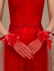 Gants Gants en tulle rouge de mariage Longueur de poignet