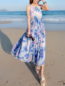 Robe d'été bleue multicolore fleurie à bretelles