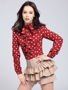 Blouse belle mode en coton mélangé à pois avec noeud plissé