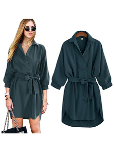 Belle robe droite mode avec ceinture et lacet col à revers