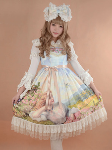 Robe lolita synthétique bleu claire impression avec noeud