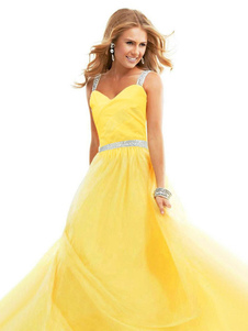 Robe longue jaune au dos décolleté avec paillettes à bretelles