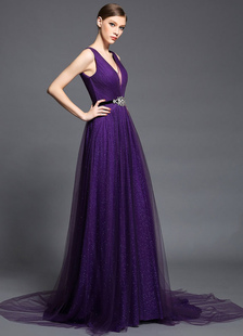 Robe de soirée A-ligne en tulle avec strass col V Avec traîne