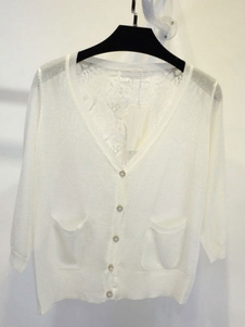 Blanc semi Sheer Lolita Cardigan Cardigan de mélange de poches coton