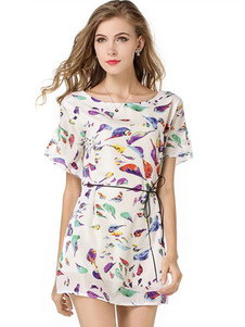 Blanc impression Sash en mousseline de soie robe d'été courte