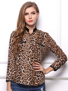 Multicolor léopard impression poches chemisier en mousseline de soie