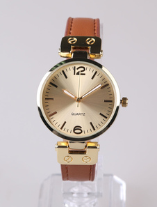 Or rond forme cuir bracelet montre pour femme