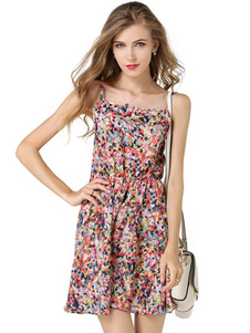 Robe d'été en mousseline de soie bretelles impression multicolore