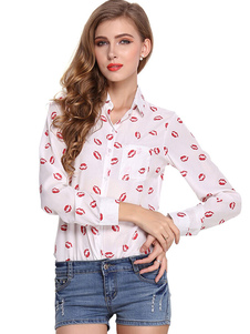 Blanc Lips boutons d'impression chemisier en mousseline de soie