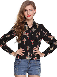 Noire impression façonnage chemisier en mousseline de soie