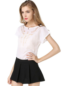 Blanc découpe occasionnel chemisier en mousseline de soie