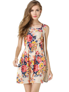 Imprimé Floral multicolore plissée robe d'été en mousseline de soie