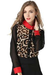 Multicolor léopard impression coton mélange chemisier pour femmes