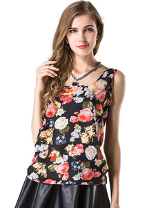 Noirs impression Floral occasionnels Camis en mousseline de soie