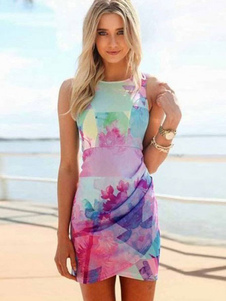 Robe d'été Polyester avant de Wrap impression multicolore