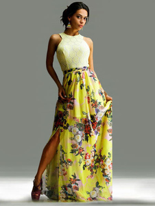 Licol multicolor découpe Split dentelle robe Maxi