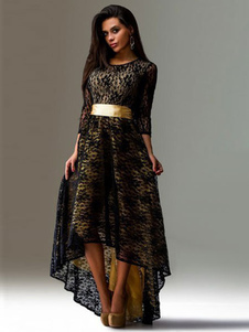 High-Low Black Sash dentelle robe Maxi