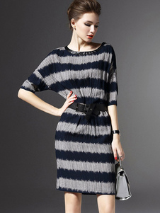 Robe d'été Polyester imprimé de rayures bicolores Sash