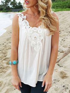 Sangles Chic blanc dentelle Blouse en mousseline de soie pour les femmes