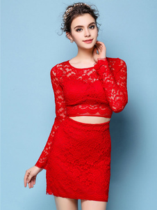 Vintage Style dentelle robe rouge recadrée pure découpe robe Bodycon