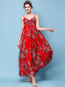 Imprimé Floral multicolore bretelles dos-nu en mousseline de soie robe Maxi