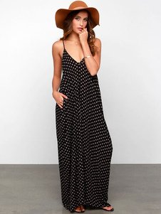 Black bretelles dos-nu en mousseline de soie Maxi robe de pois