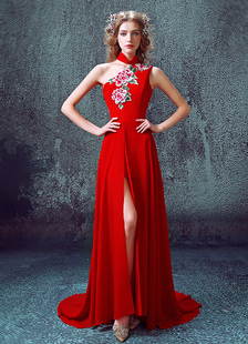 Robe de mariée rouge Split de Backless impression Floral une épaule robe du mariage en mousseline de