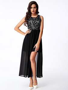Noir High-Low Split Maxi robe en dentelle pour femmes