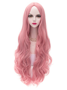 Carnevale Lolita rosa medio Parted fibra di lunghi ricci parrucc