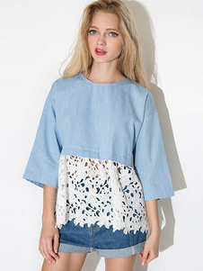 Color Block surdimensionné dentelle coton chemisier pour femmes