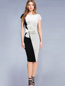 Couleur bloc robe Bodycon Bow genou longueur robe d'acrylique