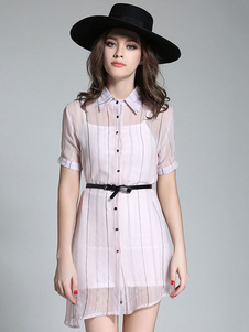 Bandes blanches Sash boutons chemise en mousseline de soie robe