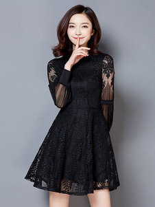 Dentelle noire semi Sheer brodé robe évasée pour femmes