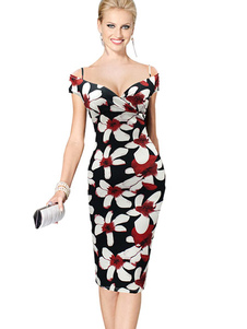 Multicolor Bodycon Dress sangles Cold-Shoulder impression profonde-V acrylique robe à fleurs