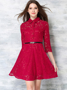 Bourgogne trimestre trois manches Vintage Style dentelle robe féminine ceinturée robe patineuse