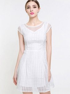 Illusion blanc semi Sheer de Flare en mousseline de soie robe pour femmes