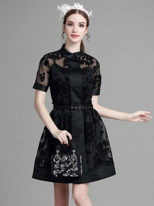 Sheer semi volants dentelle noire Organza évasée robe