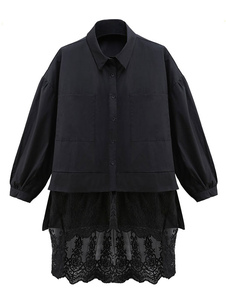 Noir haut bas façonnage chemisier de dentelle de coton pour femmes