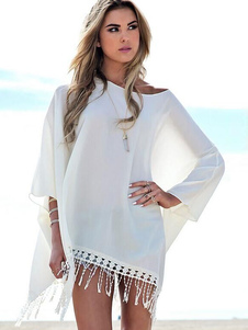 Franges blanches de surdimensionné asymétrique en mousseline de soie couvrez-vous pour femmes