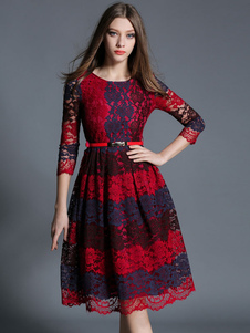 Style Vintage Lace Dress Color Block ceinturée robe patineuse rétro pour femmes