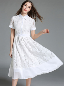 Boutons de manchettes dentelle blanche évasée robe pour femmes