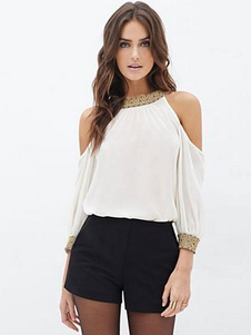 Chemisier blanc imprimé Cold-Shoulder chemisier en mousseline de soie pour les femmes