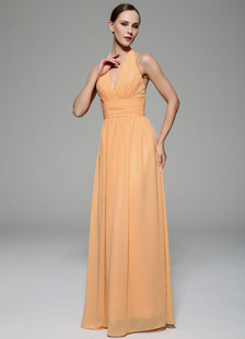 Orange Prom robe Halter Backless profonde-V plissée en mousseline de soie robe de soirée