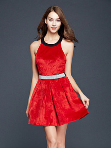 Flare rouge robe licou Bow Sash Backless flanelle