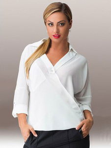Blouse blanche surdimensionné profonde-V coton mélange chemisier pour femmes